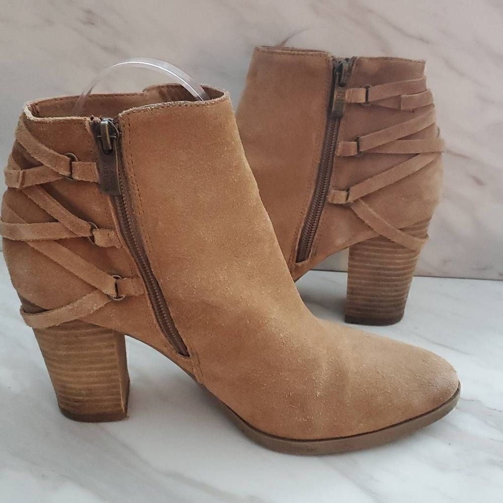 Franco Fortini Carly Tan Suede Braid Lace Back Wooden Block Heel Ankle Booties S - Picture 5 of 8